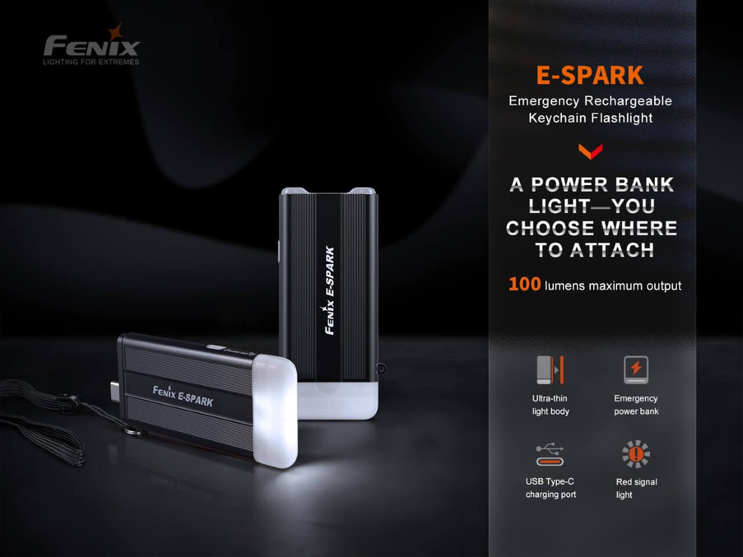 Two Fenix E-SPARK thin powerbank flashlights on black surface