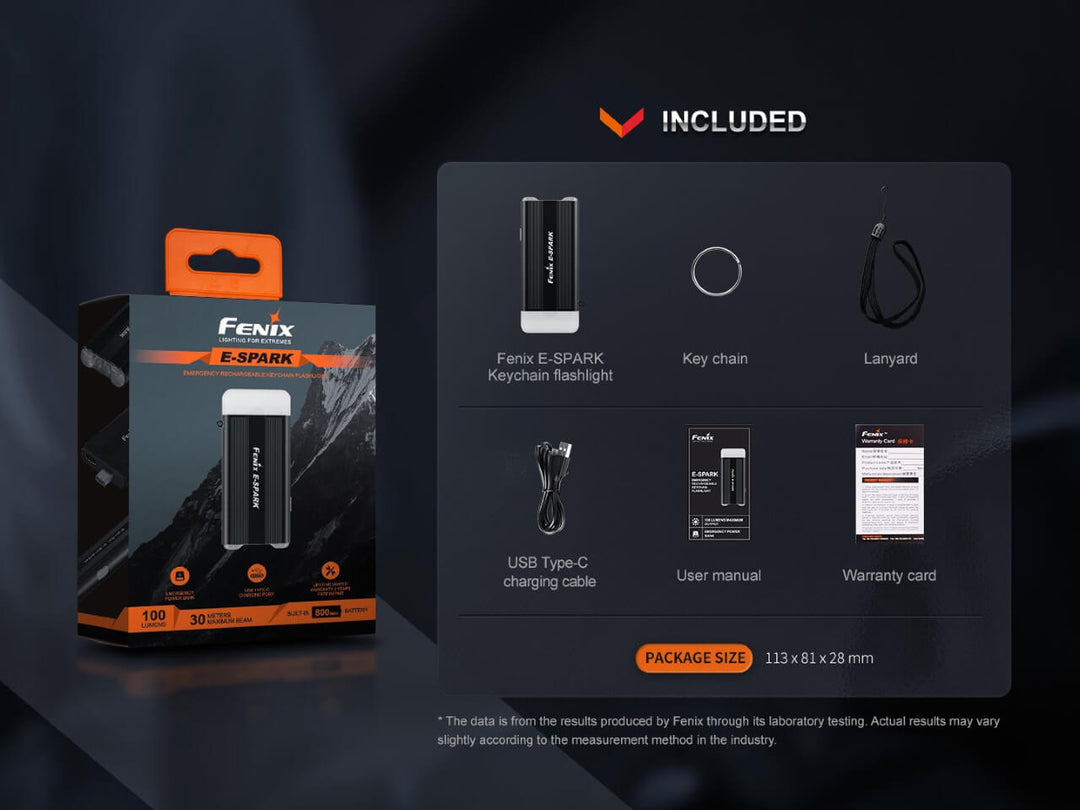 Fenix E-SPARK thin powerbank flashlight in packaging with included accessories