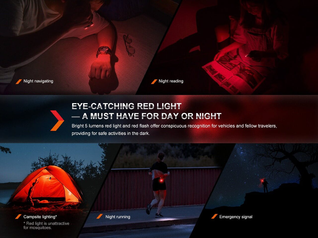 Various photos showing the red light outputs of the Fenix E-SPARK thin powerbank flashlight 