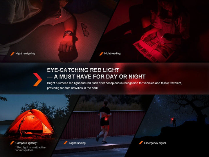 Various photos showing the red light outputs of the Fenix E-SPARK thin powerbank flashlight 