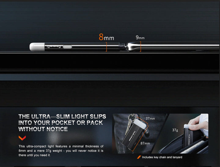 Fenix E-SPARK thin powerbank flashlight compared to a phone to show its slim profile