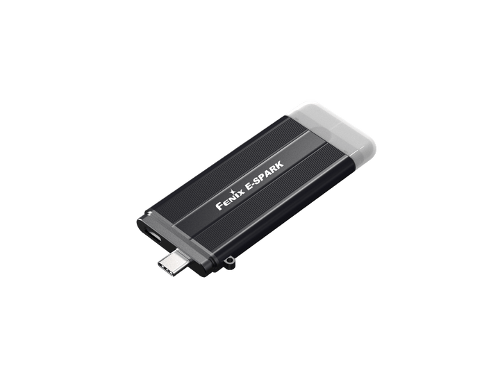 Fenix E-SPARK thin powerbank flashlight as viewed from the top with USB plugs exposed