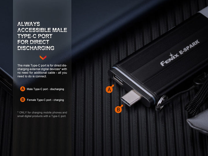 Fenix E-SPARK thin powerbank flashlight on black surface with graphics showing the USB ports