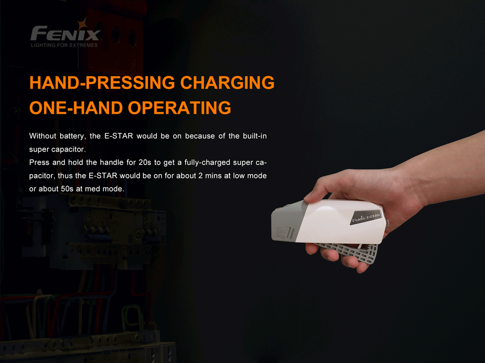 A GIF showing the hand-charge functionality of the Fenix E-STAR emergency LED flashlight 