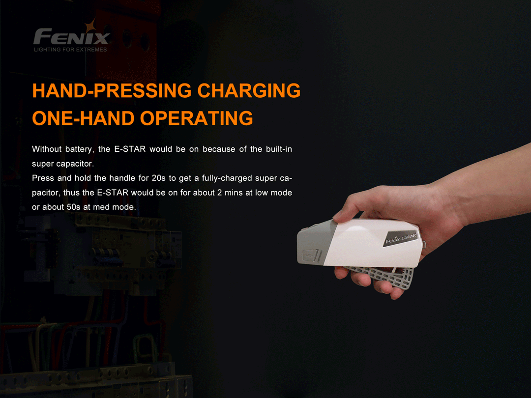 A GIF showing the hand-charge functionality of the Fenix E-STAR emergency LED flashlight 