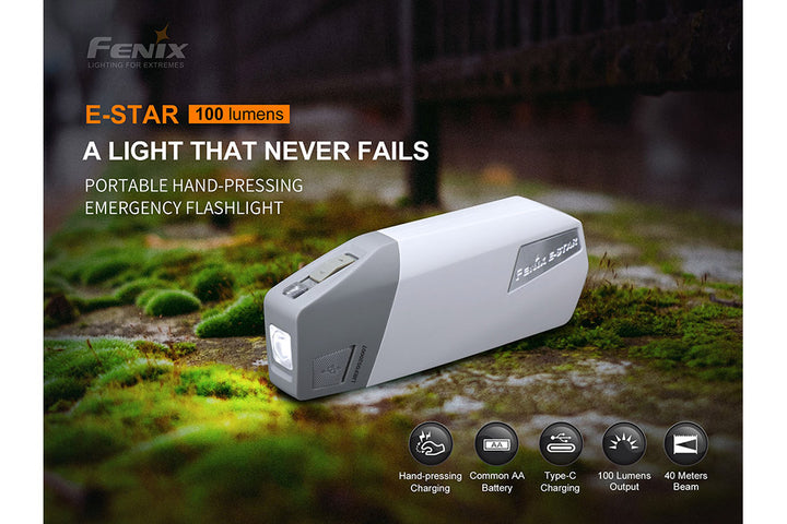 Fenix E-STAR emergency LED flashlight on mossy concrete