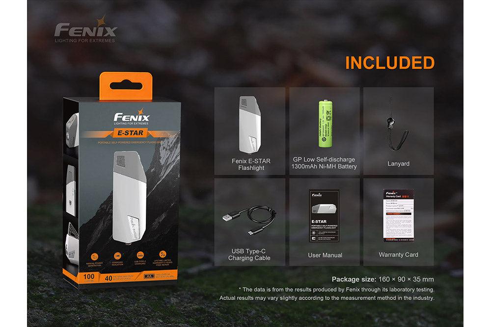 Fenix E-STAR emergency LED flashlight packaging with included accessories