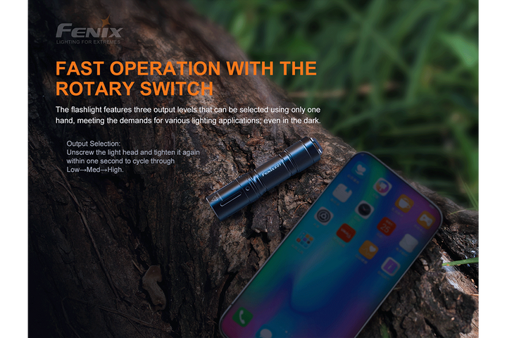 Fenix E01 V2 Flashlight size comparison to a cell phone