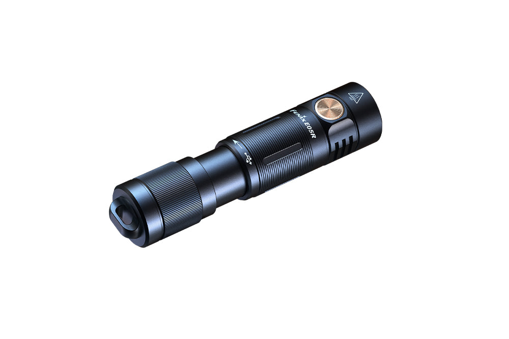 Fenix E05R Mini Keychain LED Flashlight in black as viewed from the back