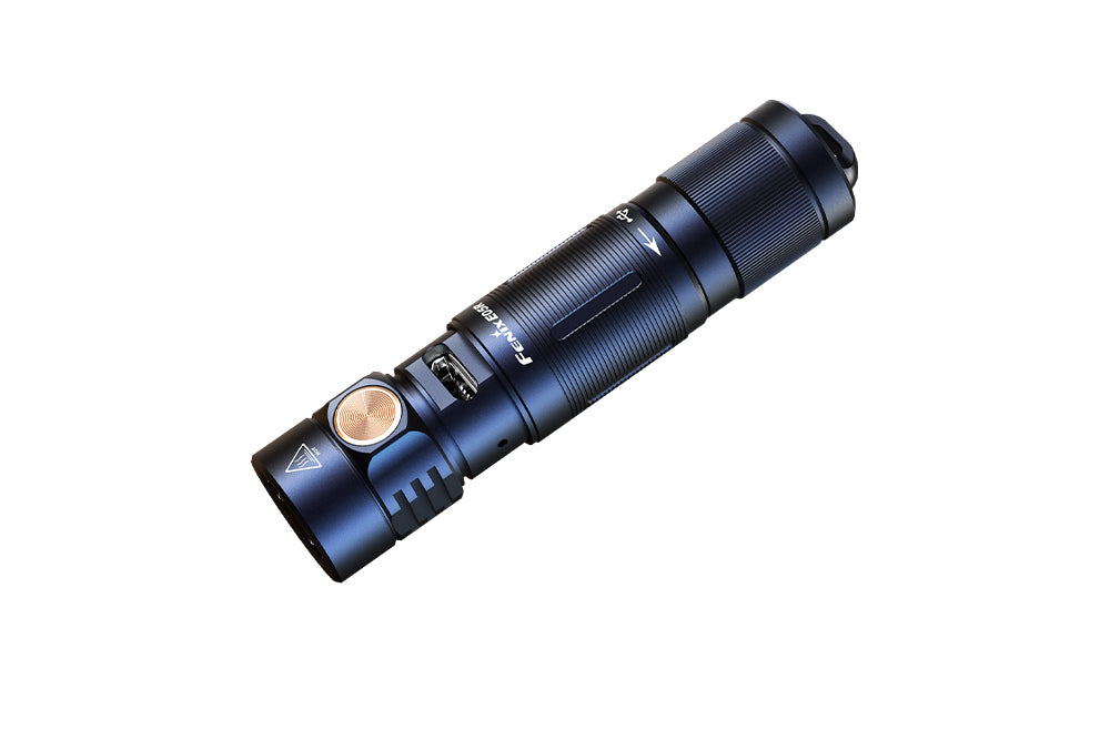 Fenix E05R Mini Keychain LED Flashlight in black with the charging port exposed