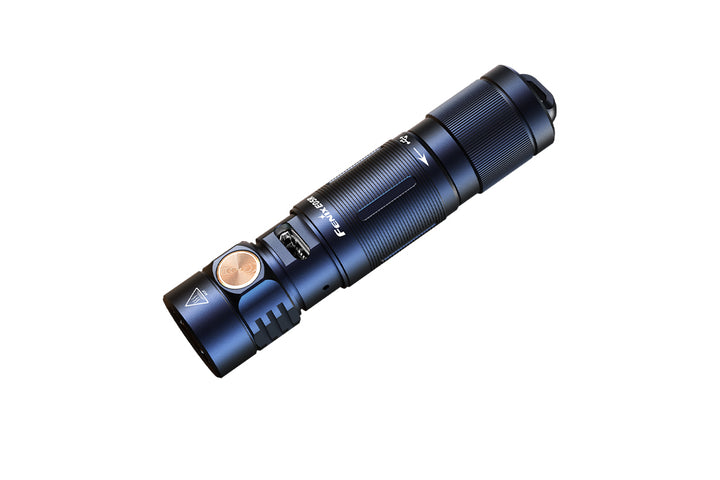Fenix E05R Mini Keychain LED Flashlight in black with the charging port exposed