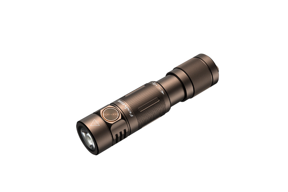 Fenix E05R Mini Keychain LED Flashlight in brown as viewed from the top