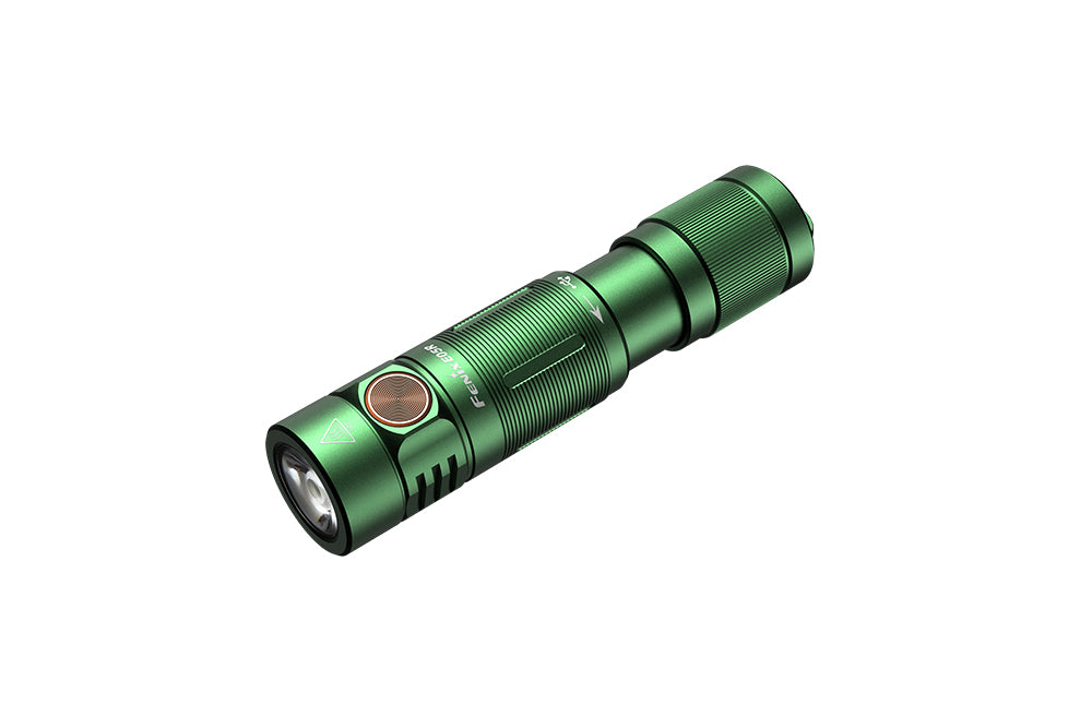Fenix E05R Mini Keychain LED Flashlight in green as viewed from the top