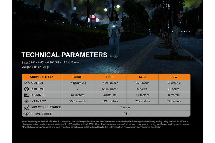 Fenix E05R Mini Keychain LED Flashlight technical parameters chart