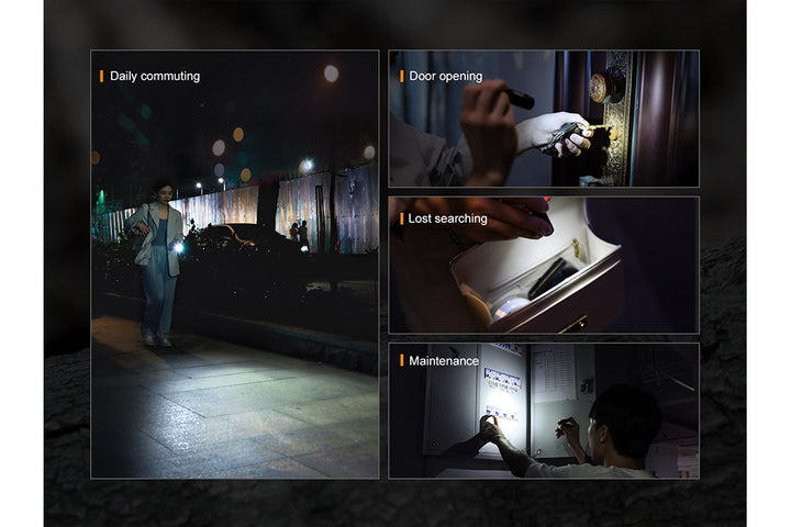 Several photos showing various uses for the Fenix E05R Mini Keychain LED Flashlight 