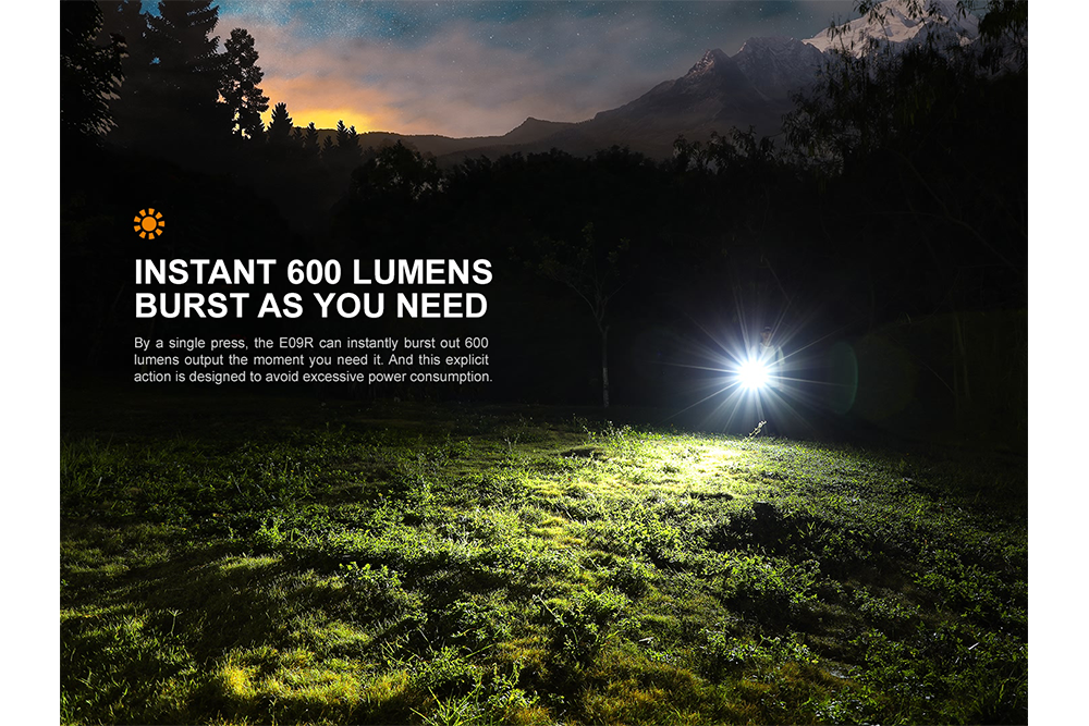 Fenix E09R rechargeable flashlight's burst mode used to illuminate a field