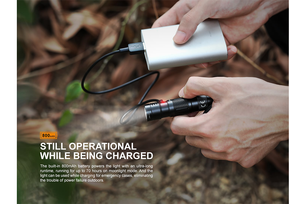 Fenix E09R rechargeable flashlight used while being charged