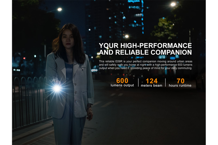 Fenix E09R rechargeable flashlight used while walking in a city at night