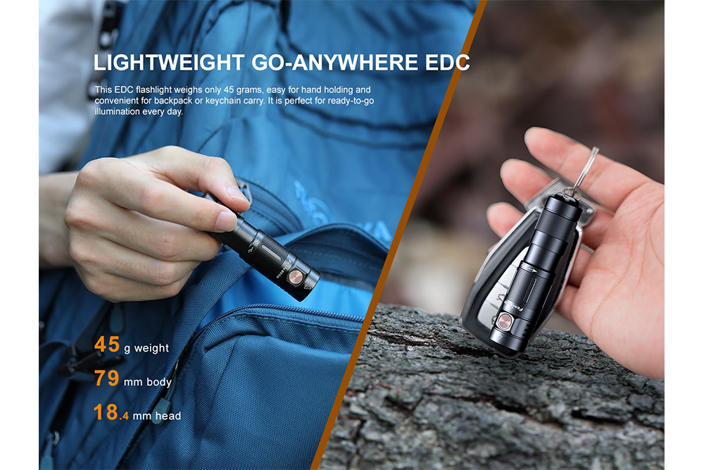 Fenix E09R rechargeable flashlight attached to a keychain and put into a bag