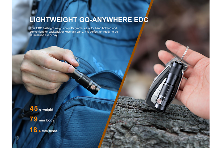 Fenix E09R rechargeable flashlight attached to a keychain and put into a bag