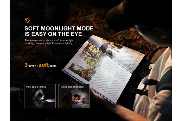 Fenix E09R rechargeable flashlight moonlight mode used to read a magazine