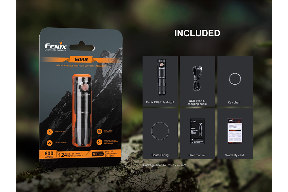 Fenix E09R rechargeable flashlight in packaging with included accessories
