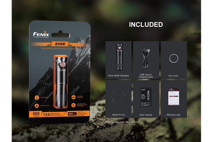 Fenix E09R rechargeable flashlight in packaging with included accessories