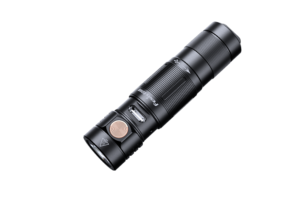 Fenix E09R rechargeable flashlight with charging port exposed