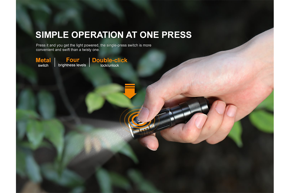 Fenix E09R rechargeable flashlight held in hand with graphics showing its single switch operation