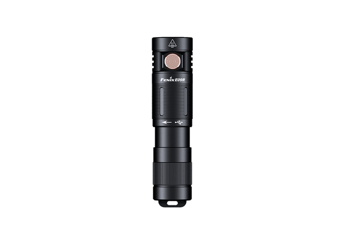 Fenix E09R rechargeable flashlight as viewed from the top