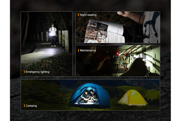 Multiple photos showing various uses for the Fenix E09R rechargeable flashlight 