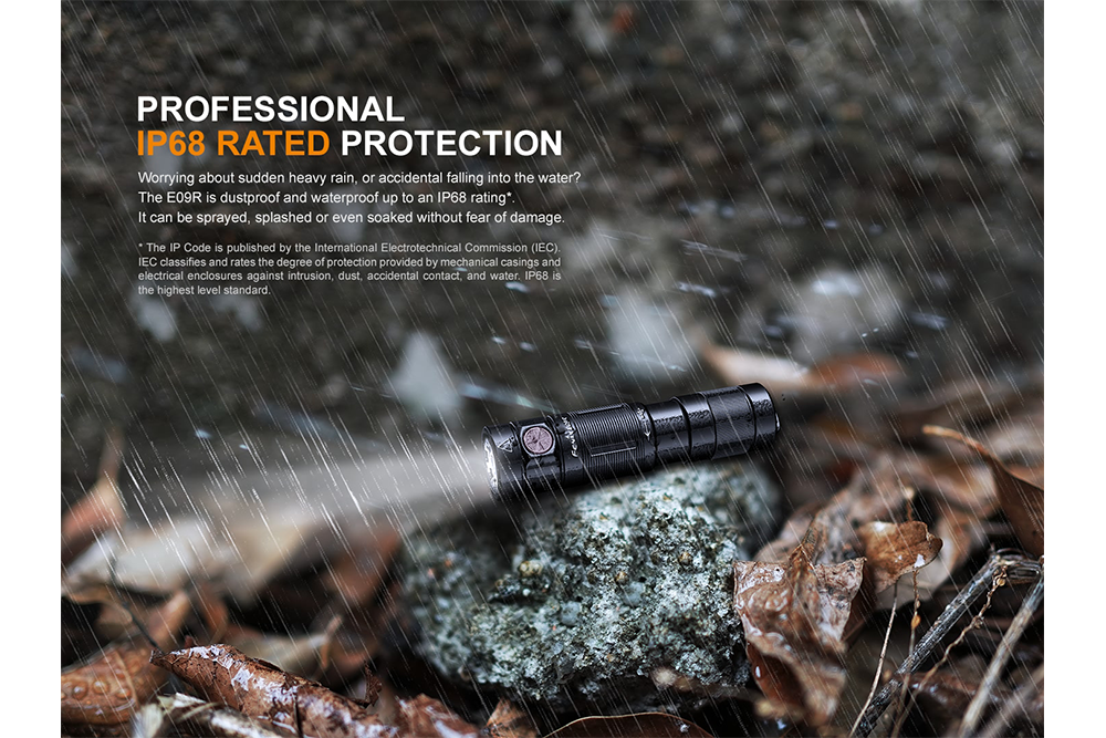 Fenix E09R rechargeable flashlight in the rain