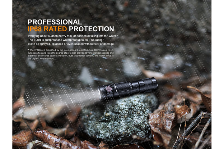 Fenix E09R rechargeable flashlight in the rain