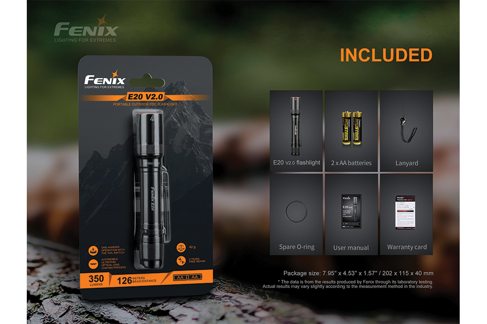 Fenix E20 V2 EDC Flashlight in packaging with included accessories