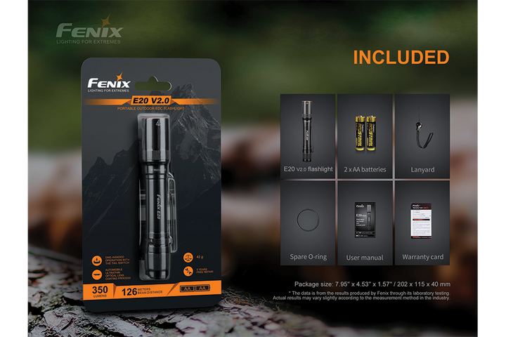 Fenix E20 V2 EDC Flashlight in packaging with included accessories
