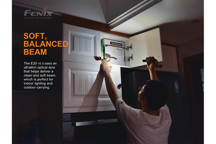 Fenix E20 V2 EDC Flashlight used to search for an item in a home cabinet