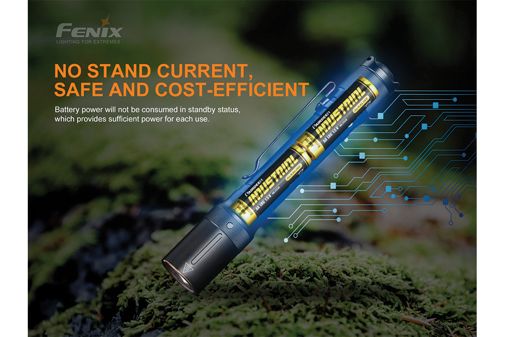 Fenix E20 V2 EDC Flashlight with graphics showing batteries inside
