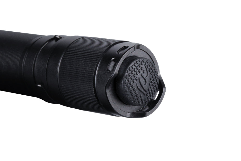 Close up image of the tail switch of the Fenix E20 V2 EDC Flashlight 