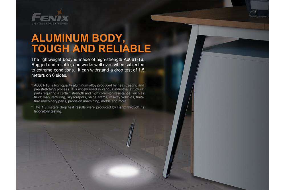 Fenix E20 V2 EDC Flashlight falling from a table