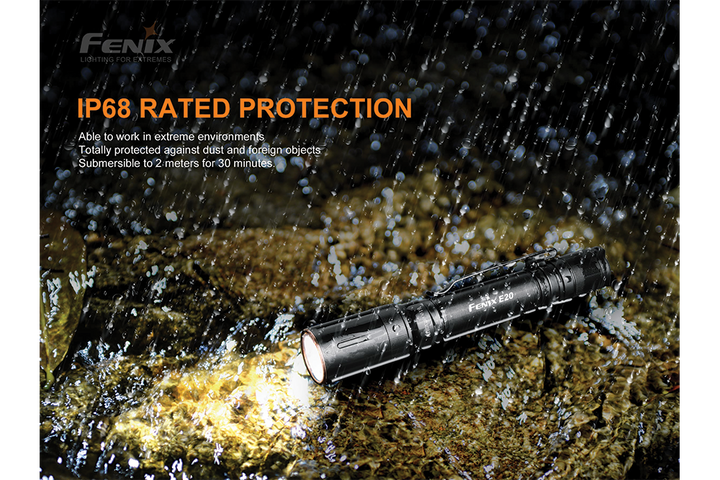 Fenix E20 V2 EDC Flashlight in the rain