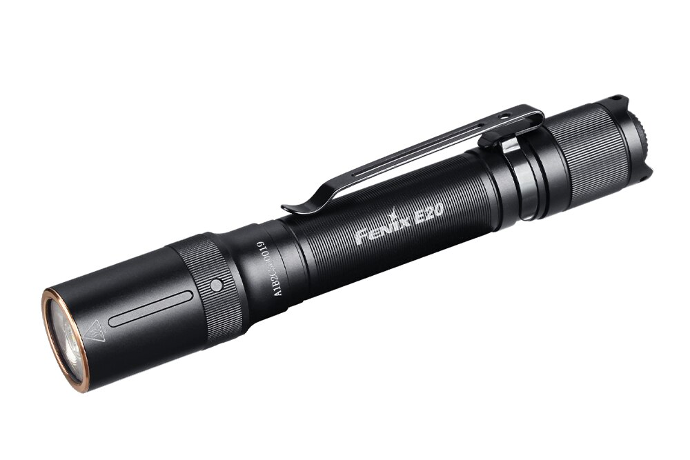 A black Fenix E20 V2.0 EDC flashlight with a silver accent, showing the side profile with the brand name and model number visible.