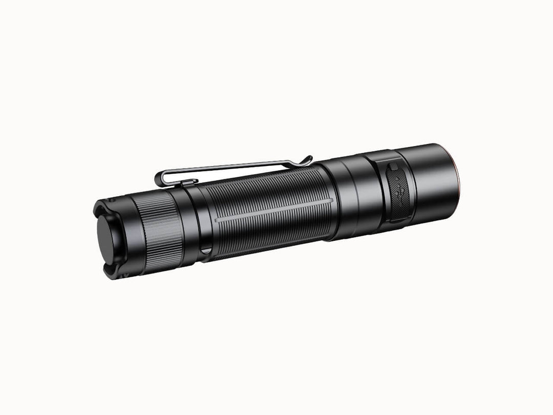 Fenix E35R high-performance rechargeable LED flashlight as viewed from the bottom
