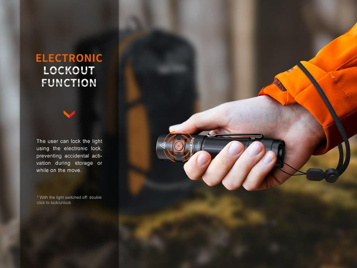 Fenix E35R high-performance rechargeable LED flashlight held in hand