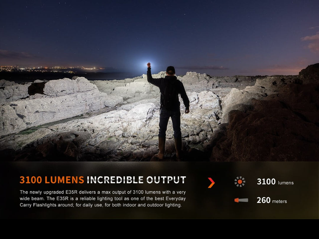 Fenix E35R high-performance rechargeable LED flashlight lighting up a rocky shoreline