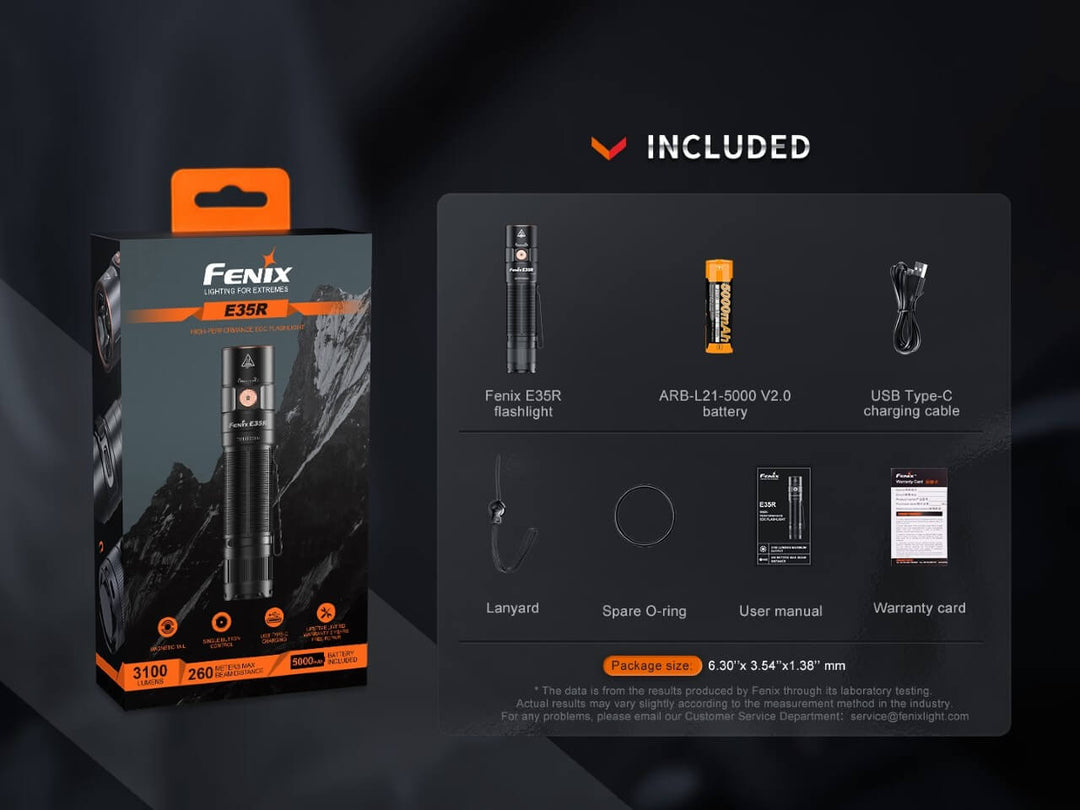 Fenix E35R high-performance rechargeable LED flashlight in packaging with included accessories
