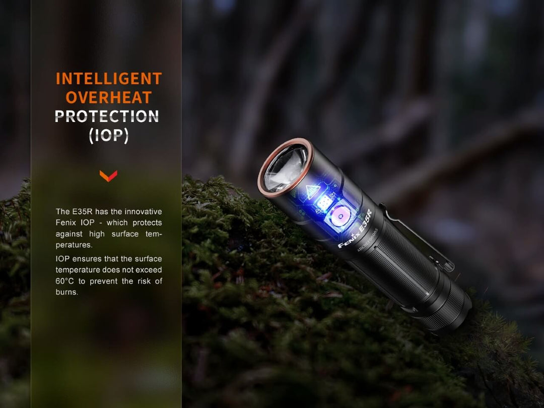 Graphics showing the Fenix E35R high-performance rechargeable LED flashlight overheat protection