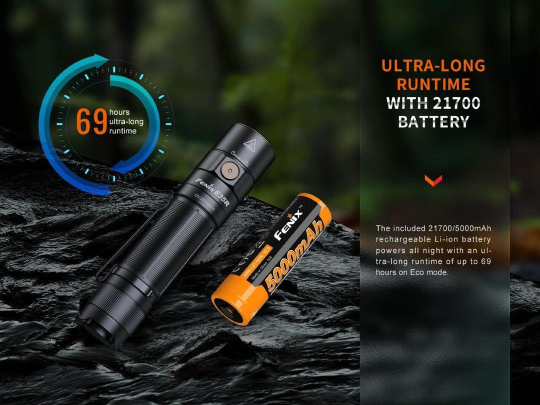 Fenix E35R high-performance rechargeable LED flashlight with graphics showing runtimes