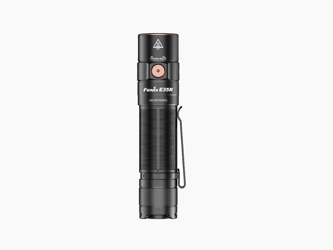 Fenix E35R high-performance rechargeable LED flashlight as viewed from the top