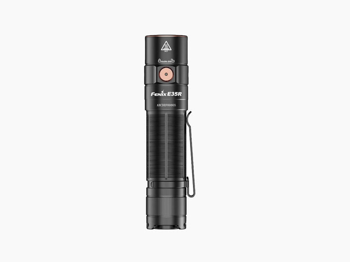 Fenix E35R high-performance rechargeable LED flashlight as viewed from the top