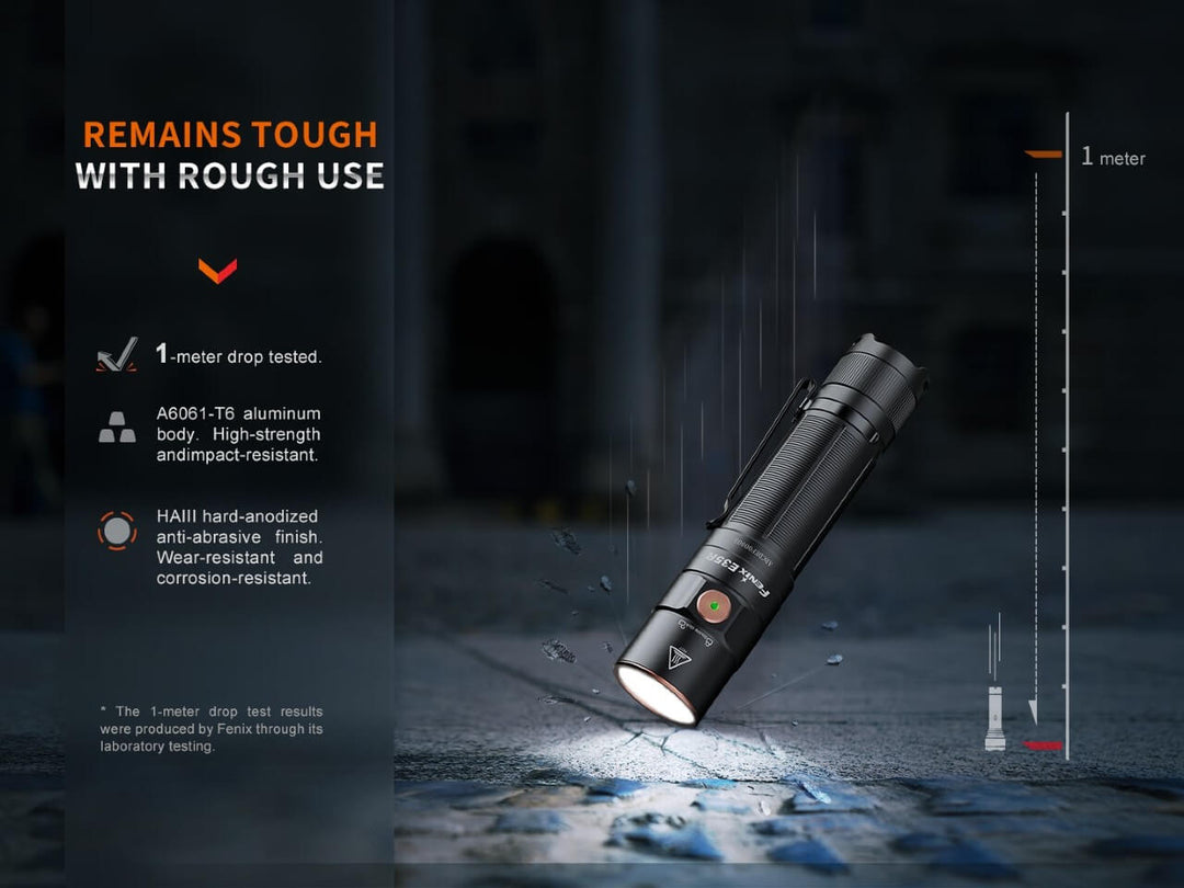 Fenix E35R high-performance rechargeable LED flashlight dropped on concrete